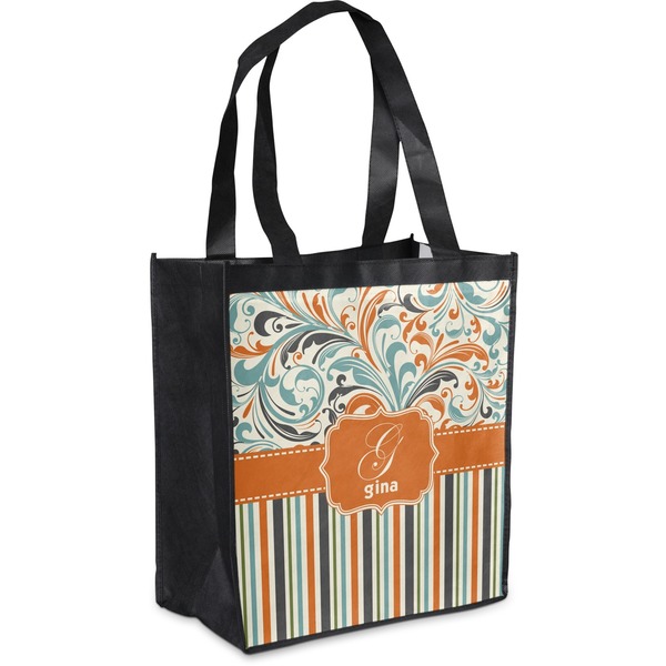 Custom Orange Blue Swirls & Stripes Grocery Bag (Personalized)