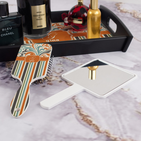 Orange Blue Swirls & Stripes Hair Brush - With Hand Mirror