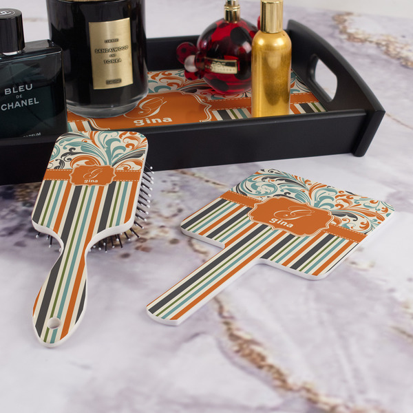 Orange Blue Swirls & Stripes Hair Brush and Hand Mirror - Bathroom Scene