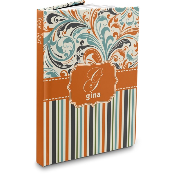 Custom Orange Blue Swirls & Stripes Hardbound Journal (Personalized)