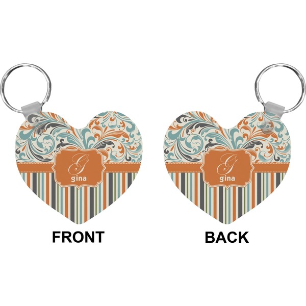 Orange Blue Swirls & Stripes Heart Keychain (Front + Back)