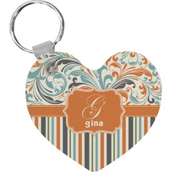 Orange Blue Swirls & Stripes Heart Plastic Keychain w/ Name and Initial