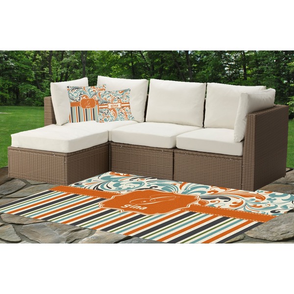 Orange Blue Swirls & Stripes Outdoor Mat & Cushions