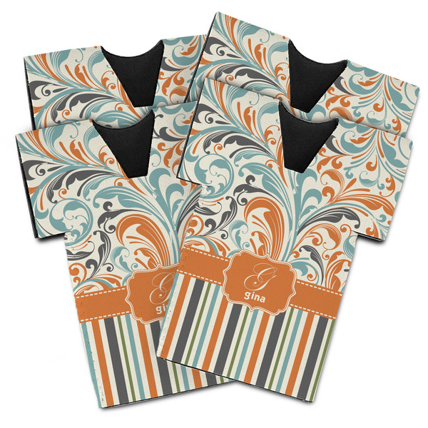 Custom Orange Blue Swirls & Stripes Jersey Bottle Cooler - Set of 4 (Personalized)