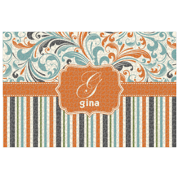 Custom Orange Blue Swirls & Stripes Jigsaw Puzzle - 1000-piece (Personalized)