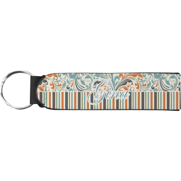 Custom Orange Blue Swirls & Stripes Neoprene Keychain Fob (Personalized)