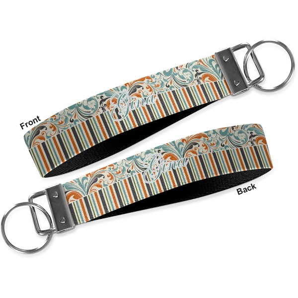 Orange Blue Swirls & Stripes Key-chain - Metal and Nylon - Front and Back