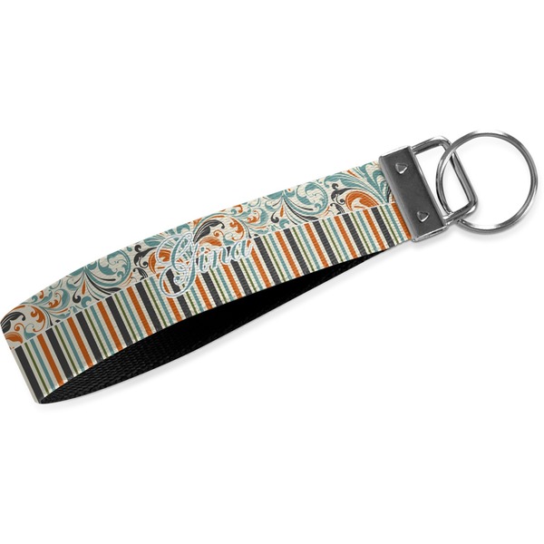 Custom Orange Blue Swirls & Stripes Wristlet Webbing Keychain Fob (Personalized)