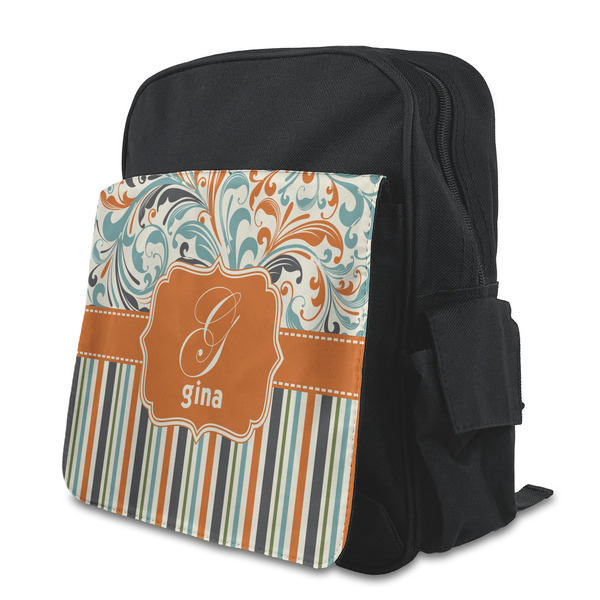 Custom Orange Blue Swirls & Stripes Preschool Backpack (Personalized)