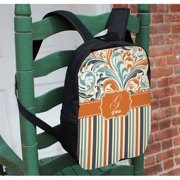 Orange Blue Swirls & Stripes Kids Backpack - In Context