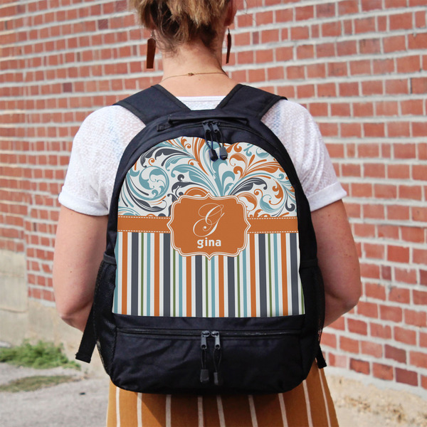 Orange Blue Swirls & Stripes Large Backpack - Black - On Back