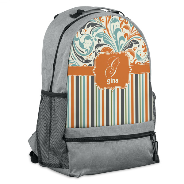 Custom Orange Blue Swirls & Stripes Backpack - Grey (Personalized)