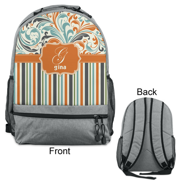 Orange Blue Swirls & Stripes Large Backpack - Gray - Front & Back View
