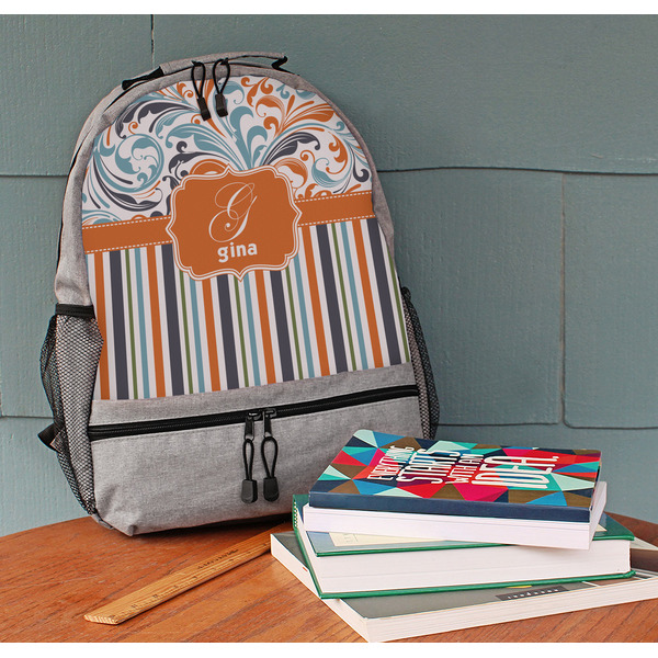 Orange Blue Swirls & Stripes Large Backpack - Gray - On Desk
