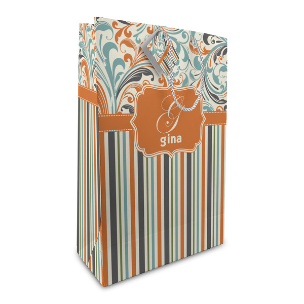 Custom Orange Blue Swirls & Stripes Large Gift Bag (Personalized)