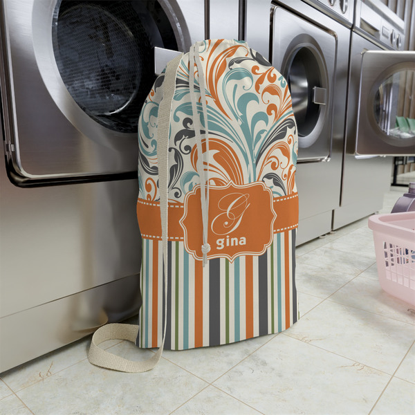 Orange Blue Swirls & Stripes Large Laundry Bag - In Context