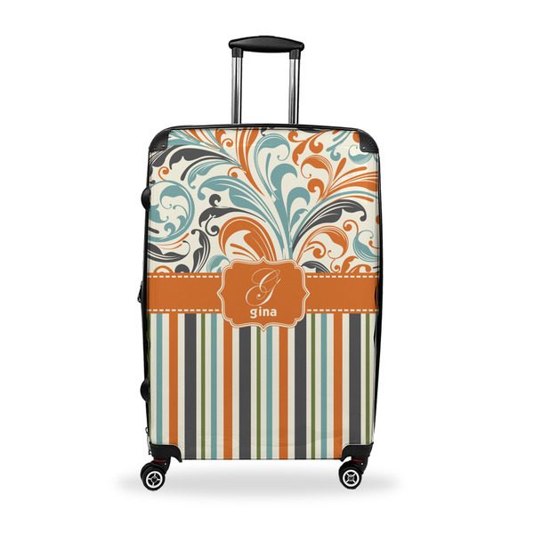 Custom Orange Blue Swirls & Stripes Suitcase - 28" Large - Checked w/ Name and Initial