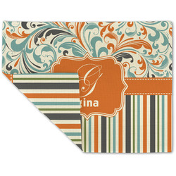 Orange Blue Swirls & Stripes Double-Sided Linen Placemat - Single w/ Name and Initial