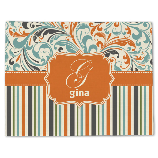 Custom Orange Blue Swirls & Stripes Single-Sided Linen Placemat - Single w/ Name and Initial