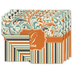 Orange Blue Swirls & Stripes Linen Placemat w/ Name and Initial