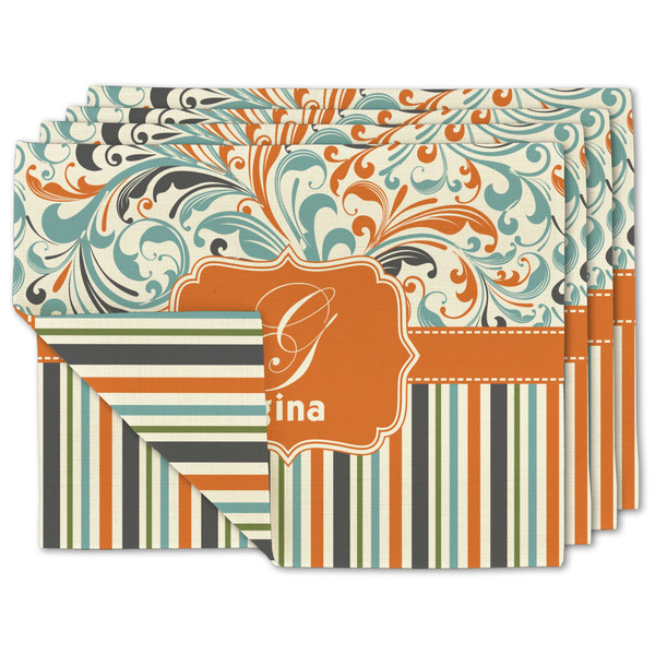 Custom Orange Blue Swirls & Stripes Double-Sided Linen Placemat - Set of 4 w/ Name and Initial
