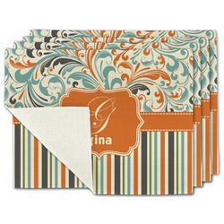 Orange Blue Swirls & Stripes Single-Sided Linen Placemat - Set of 4 w/ Name and Initial