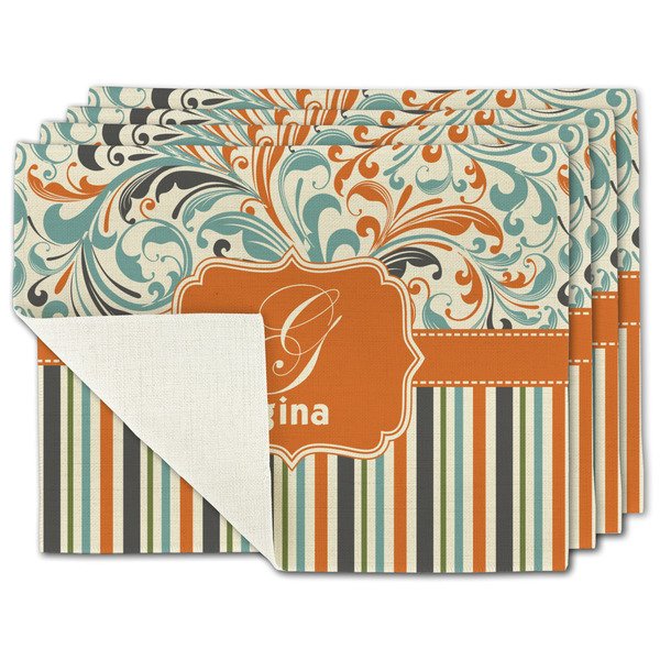 Custom Orange Blue Swirls & Stripes Single-Sided Linen Placemat - Set of 4 w/ Name and Initial