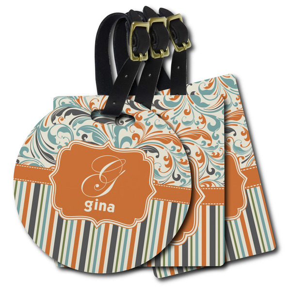 Custom Orange Blue Swirls & Stripes Plastic Luggage Tag (Personalized)