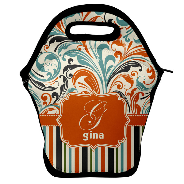 Custom Orange Blue Swirls & Stripes Lunch Bag w/ Name and Initial