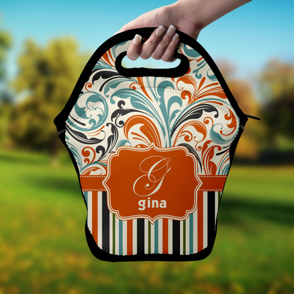 Orange Blue Swirls & Stripes Lunch Bag - Hand