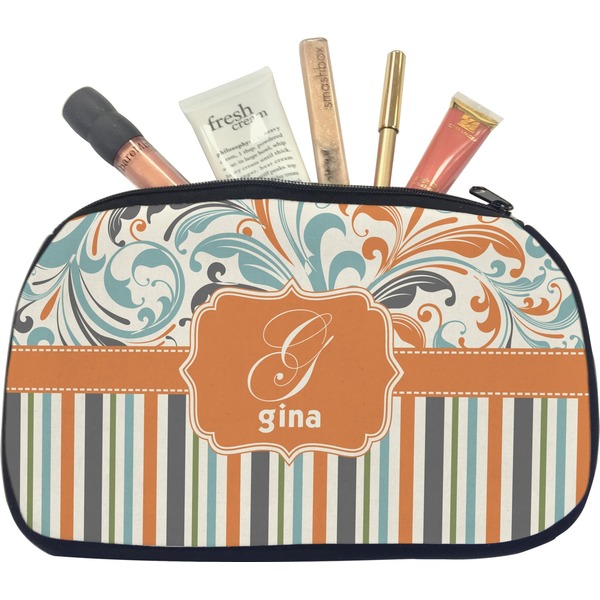 Custom Orange Blue Swirls & Stripes Makeup / Cosmetic Bag - Medium (Personalized)