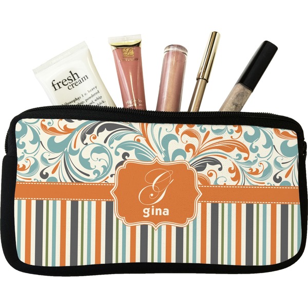 Custom Orange Blue Swirls & Stripes Makeup / Cosmetic Bag - Small (Personalized)