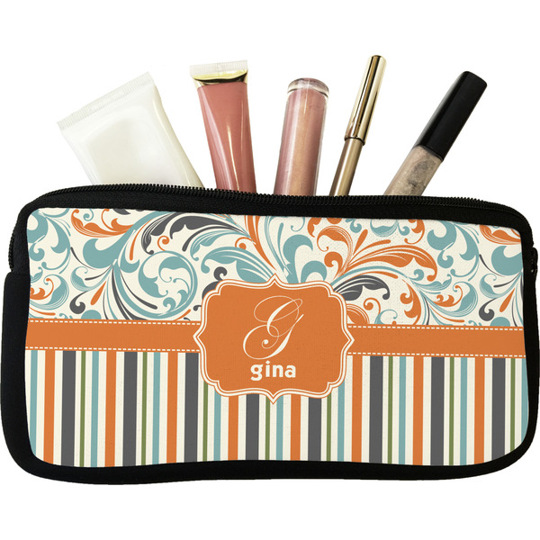Custom Orange Blue Swirls & Stripes Makeup / Cosmetic Bag - Small (Personalized)
