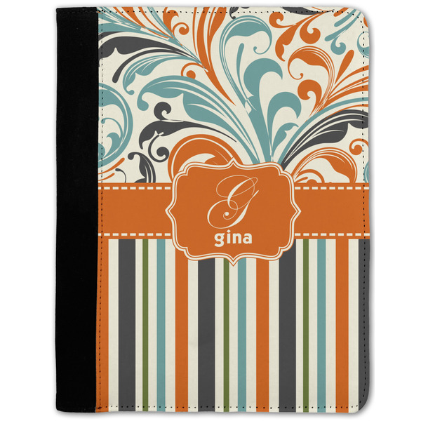 Custom Orange Blue Swirls & Stripes Notebook Padfolio w/ Name and Initial