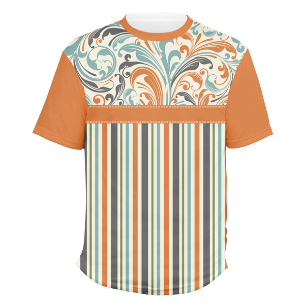 Custom Orange Blue Swirls & Stripes Men's Crew T-Shirt - X Large