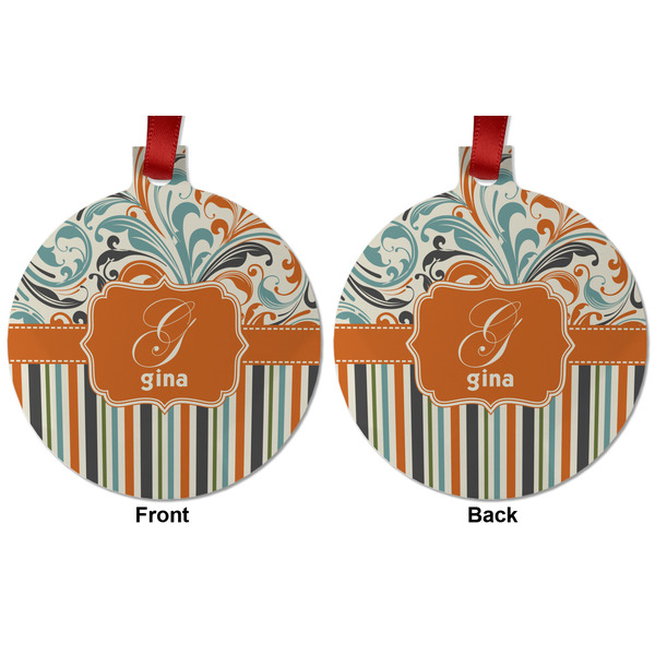 Orange Blue Swirls & Stripes Metal Ball Ornament - Front and Back