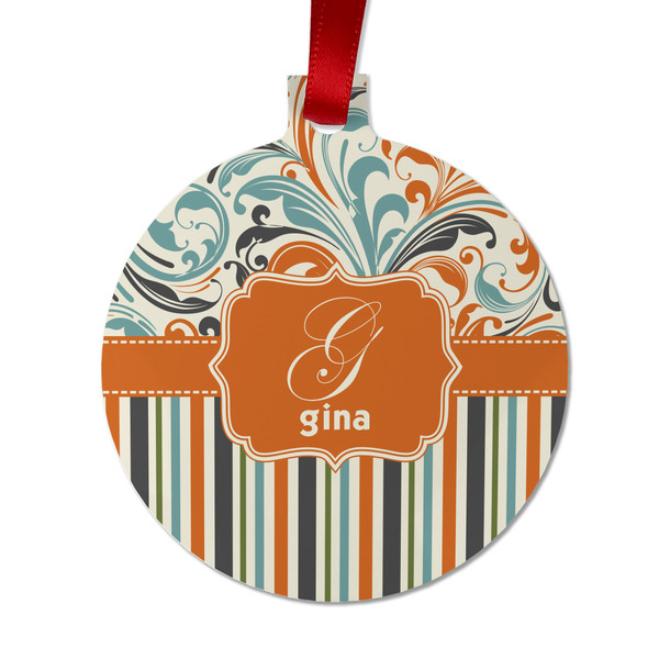 Custom Orange Blue Swirls & Stripes Metal Ball Ornament - Double Sided w/ Name and Initial