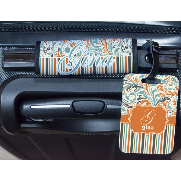 Orange Blue Swirls & Stripes Metal Luggage Tag & Handle Wrap - In Context