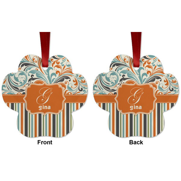 Orange Blue Swirls & Stripes Metal Paw Ornament - Front and Back