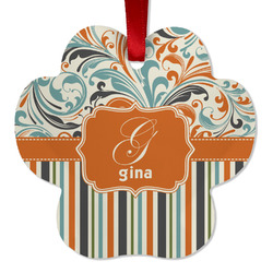 Orange Blue Swirls & Stripes Metal Paw Ornament - Double Sided w/ Name and Initial