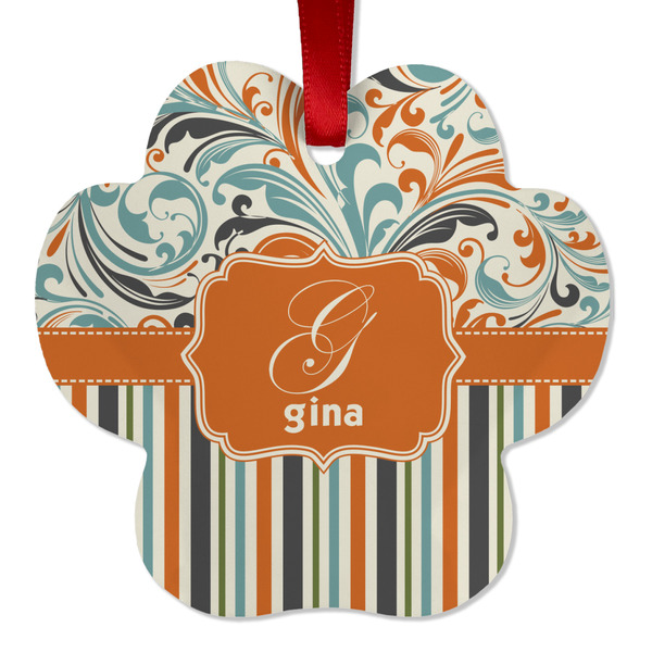 Custom Orange Blue Swirls & Stripes Metal Paw Ornament - Double Sided w/ Name and Initial