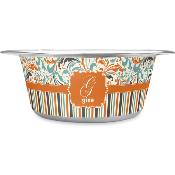 Custom Orange Blue Swirls & Stripes Stainless Steel Dog Bowl - Medium (Personalized)