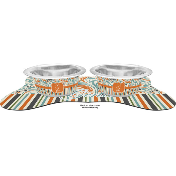 Orange Blue Swirls & Stripes Metal Pet Bowls - On Dog Bone Shaped Mat