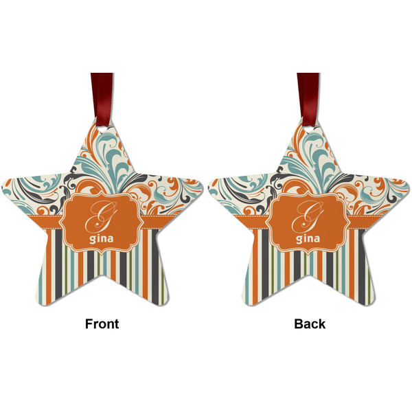 Orange Blue Swirls & Stripes Metal Star Ornament - Front and Back