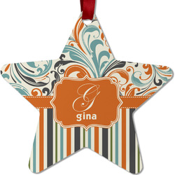 Orange Blue Swirls & Stripes Metal Star Ornament - Double Sided w/ Name and Initial