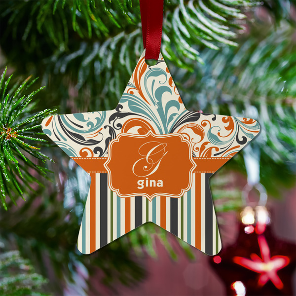 Orange Blue Swirls & Stripes Metal Star Ornament - Lifestyle