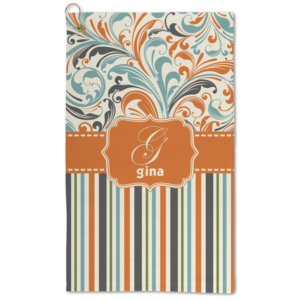 Custom Orange Blue Swirls & Stripes Microfiber Golf Towel (Personalized)