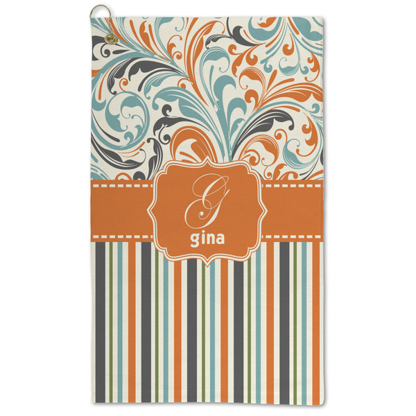 Custom Orange Blue Swirls & Stripes Microfiber Golf Towel (Personalized)