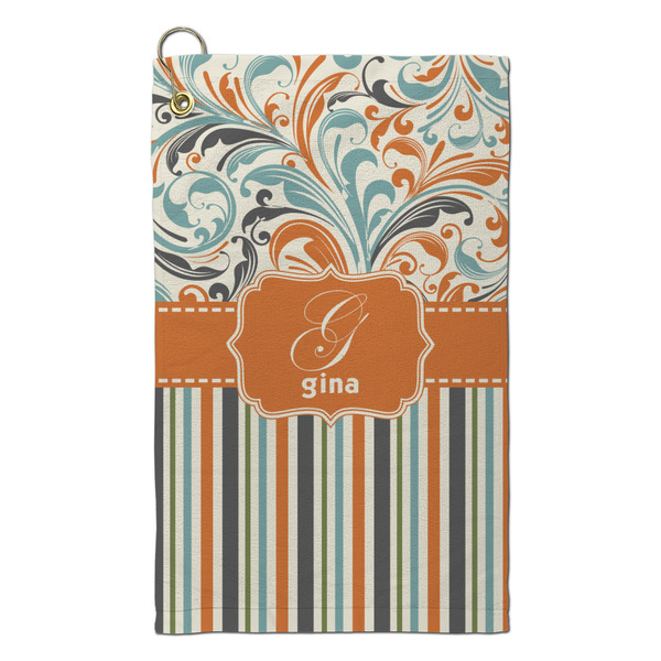 Custom Orange Blue Swirls & Stripes Microfiber Golf Towel - Small (Personalized)