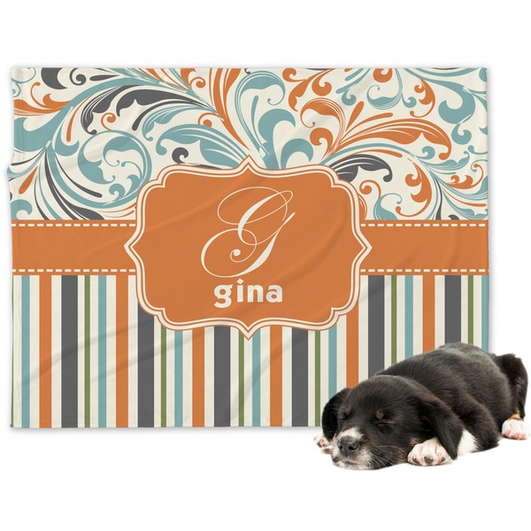 Custom Orange Blue Swirls & Stripes Dog Blanket - Large (Personalized)